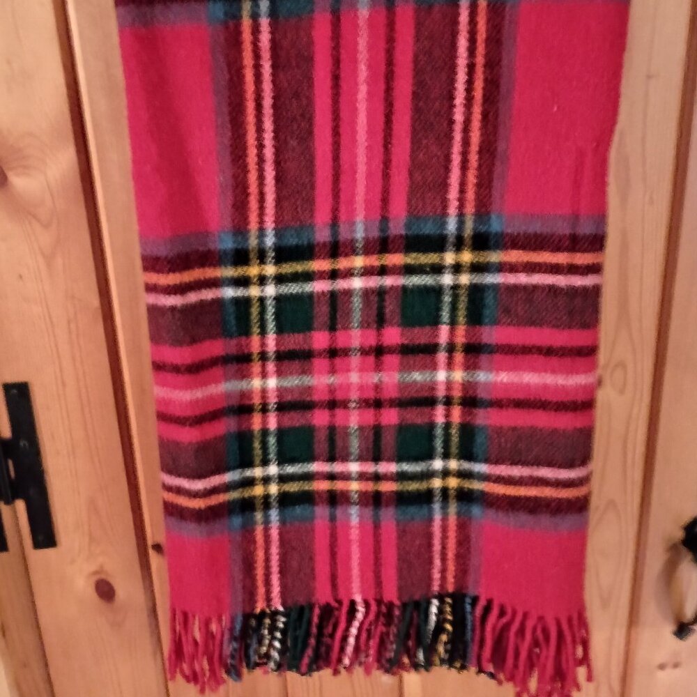 Red plaid, fringed wool throw blanket